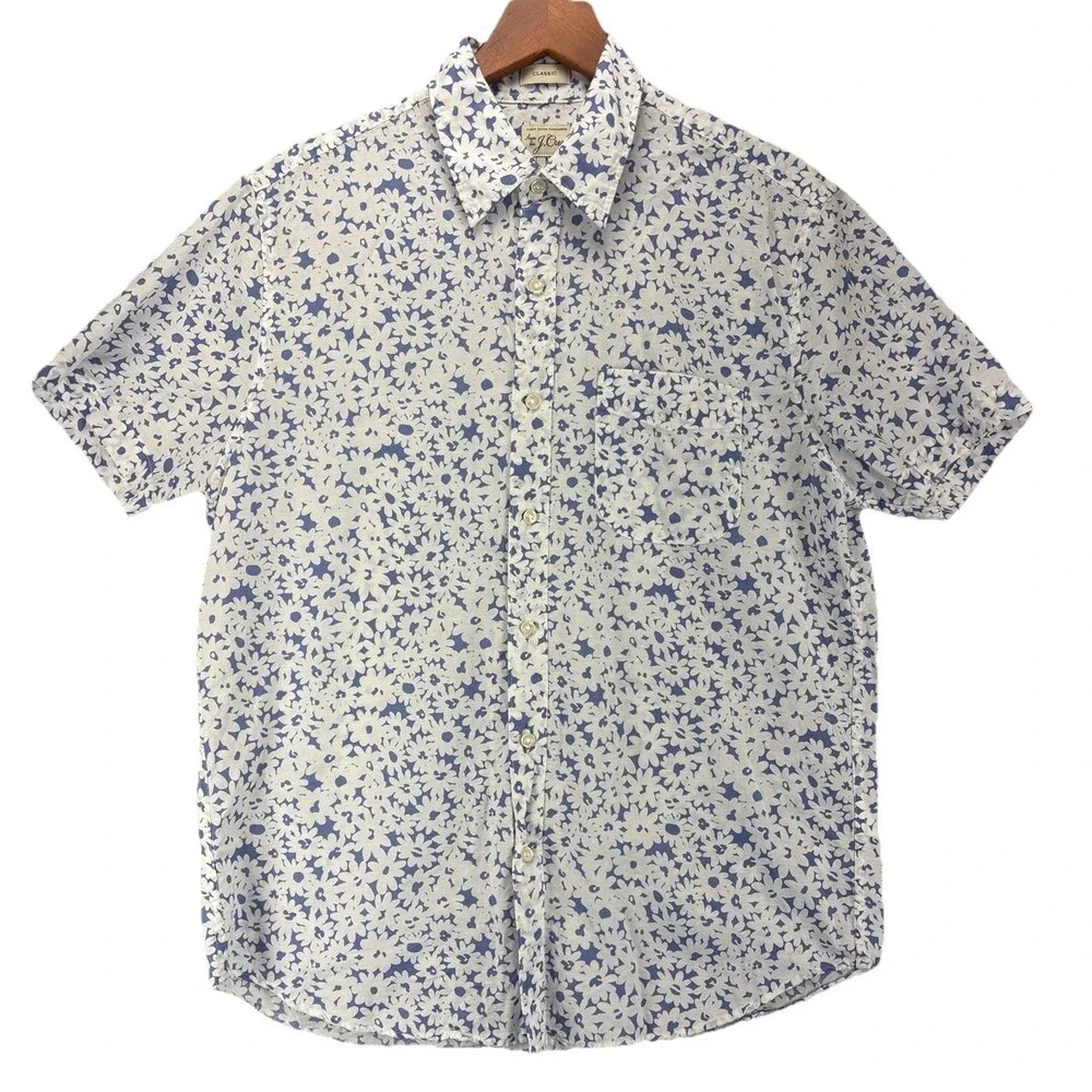 J Crew Classic Linen Blend Blue Floral Short Sleeve Shirt Mens M - Picture 3 of 11